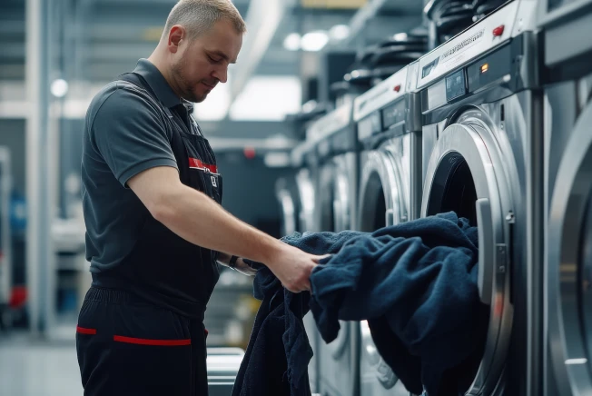 homen manipulando lavagem de roupas industriais