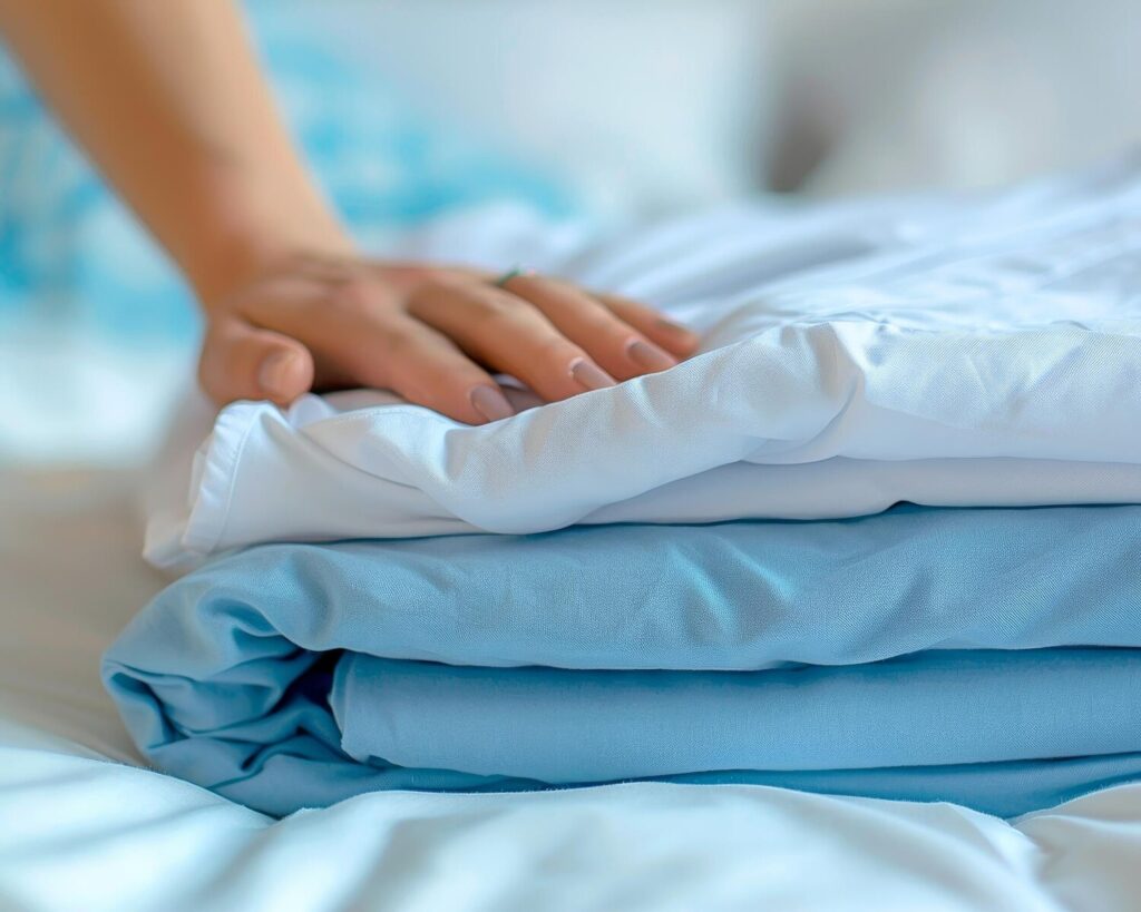 closeup womans hand holding stack blue white folded bed sheets white background 937679 48776 closeup womans hand holding stack blue white folded bed sheets white background 937679 48776