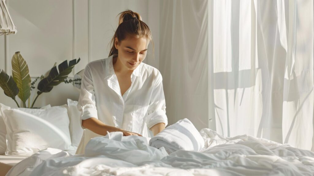 woman changing bed lines home space text 999671 80543 woman changing bed lines home space text 999671 80543