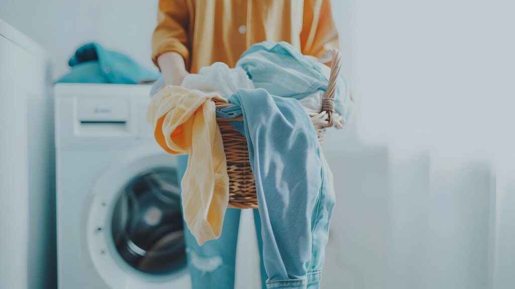 closeup hand holding basket used clothes with washing machine background 38013 35067 closeup hand holding basket used clothes with washing machine background 38013 35067